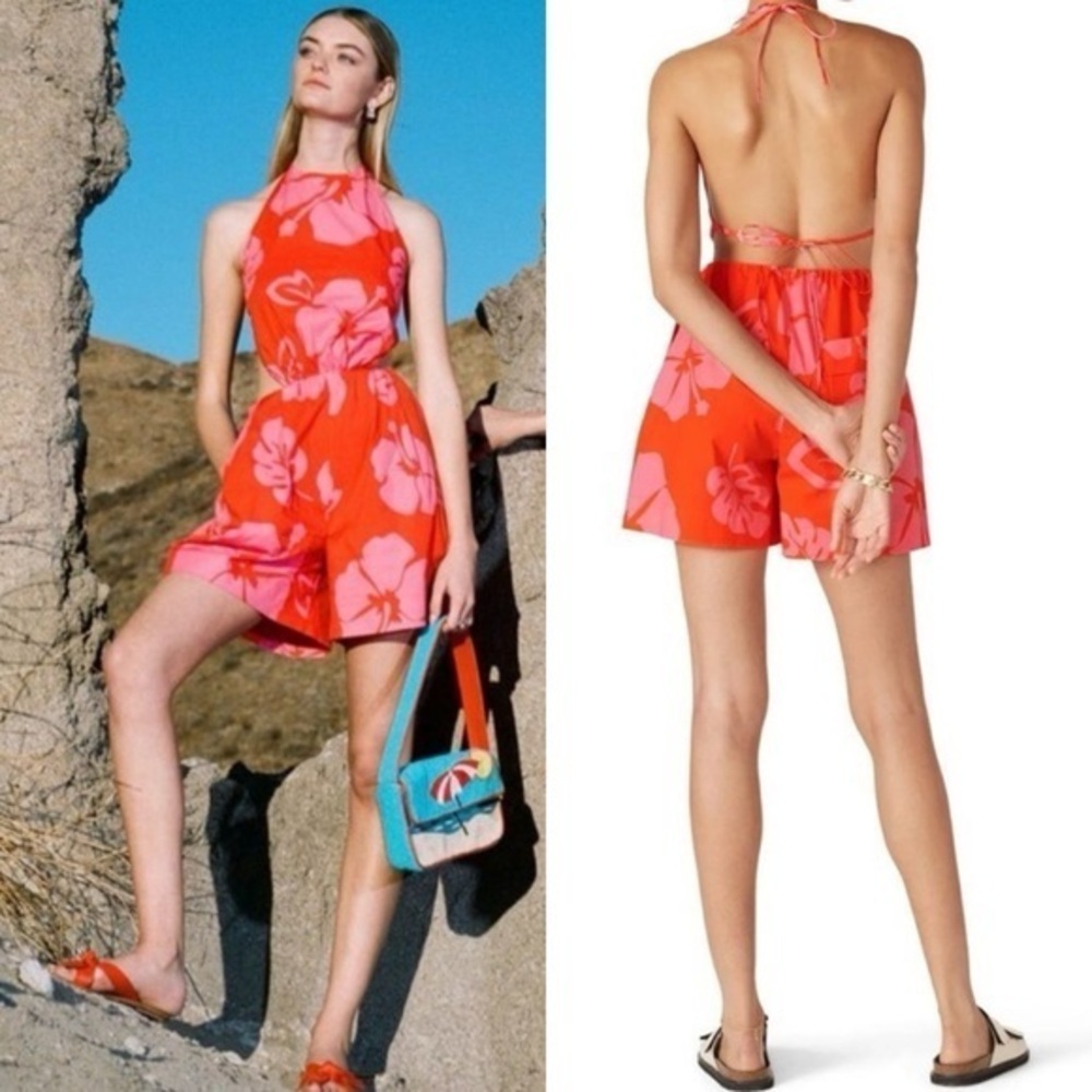 STAUD Red and Pink Halter-Back Floral Romper